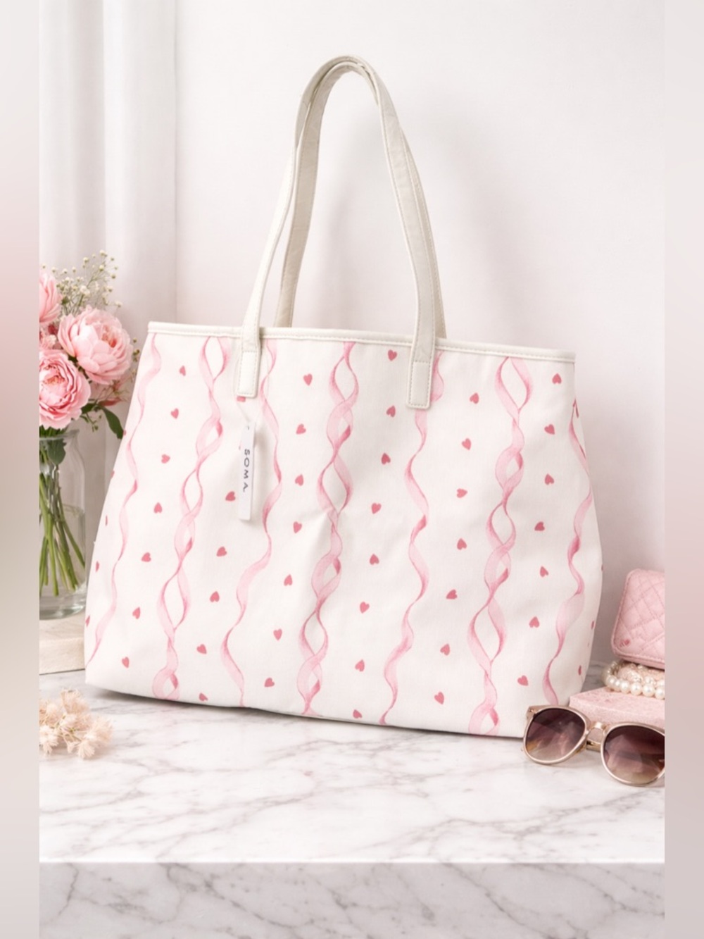 Soma White Tote with Pink Ribbon & Heart Print NWT
